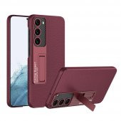 KNY Samsung Galaxy S23 Plus Kılıf Deri Desenli Standlı Sert Kıpta Kapak Bordo - 1