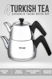 Stevig 4 Turkish Tea 18/10 Paslanmaz Çelik Çaydanlık Takımı Büyük Boy ST-501 - 4