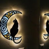 Veraart Epoksili Ahşap Aydaki Kedi Figürlü Duvar Dekorlu Gece Lambası Mavi Sarı 75 cm - 2