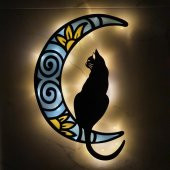 Veraart Epoksili Ahşap Aydaki Kedi Figürlü Duvar Dekorlu Gece Lambası Mavi Sarı 75 cm - 4