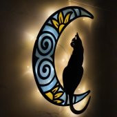 Veraart Epoksili Ahşap Aydaki Kedi Figürlü Duvar Dekorlu Gece Lambası Mavi Sarı 75 cm - 6