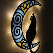 Veraart Epoksili Ahşap Aydaki Kedi Figürlü Duvar Dekorlu Gece Lambası Mavi Sarı 40 cm - 3