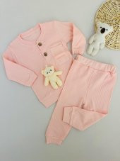 Kız Bebek Ahşap Düğmeli Fitilli Kumaş Ayıcıklı Takım Somon - 1