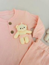 Kız Bebek Ahşap Düğmeli Fitilli Kumaş Ayıcıklı Takım Somon - 2