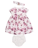 Çiçekli Saç Bantlı Külotlu Kız Bebek Bayramlık Elbise Takım Ekru 11578 - 2