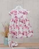 Çiçekli Saç Bantlı Külotlu Kız Bebek Bayramlık Elbise Takım Ekru 11578 - 1