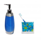 ZBOSP-C214 SIVI SABUNLUKDİŞ FIRÇALIK 2 Lİ BANYO SETİGRİ MAVİ VE ÇİÇEKLİ - 1