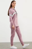 Kapüşonlu Çizgi Bloklu Eşofman Takım - Lila thumbnail 4