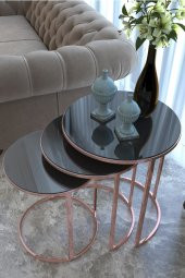 Rose Gold (bakır) Metal Zigon Sehpa Siyah Kırılmaz Cam - 2