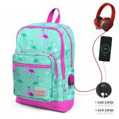 Coral High Kids Su Yeşili Neon Pembe Flamingo Desenli Dört Bölmeli USB'li Okul Sırt Çantası 23275 - 1