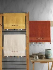 Cotton Box 100 Pamuk 3lü Nakışlı Püsküllü Havlu Seti Hardal-Ekru-Kiremit - 1