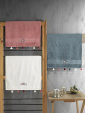 Cotton Box 100 Pamuk 3lü Nakışlı Püsküllü Havlu Seti G.Kurusu-Ekru-Petrol - 1