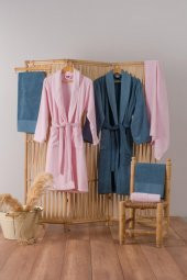 Cotton Box Jakarlı Aile Bornoz Seti Camilla Pembe-Indigo - 2