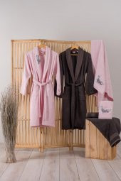 Cotton Box Bambu 3D Nakışlı Aile Bornoz Seti Perla Pembe-Antrasit - 2