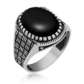 ​Gümüş Oniks Taşlı Desenli Erkek Yüzük thumbnail 1