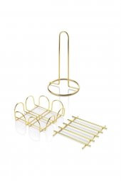 Metal Gold 3 Lü Servis Sunum Seti Nihale, Peçetelik, Havluluk Seti - 5