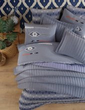 Çift Kişilik Yatak Örtüsü - Yastık Kılıflı -  Nakışlı - Denim - 1