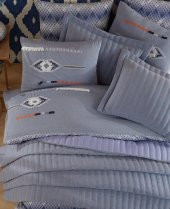 Çift Kişilik Yatak Örtüsü - Yastık Kılıflı -  Nakışlı - Denim - 2