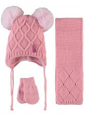 Kitti Kız Bebek Atkı Bere Eldiven Set 0-18 Ay Koyu Pembe - 1