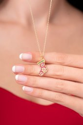 925 Ayar Gümüş Zincirli Şanslı Noel Çorabı Tasarımlı Kadın Kolye - 1