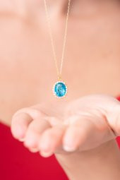 925 Ayar Gümüş Zincirli Okyanus Mavisi Pırlanta Taşlı Kadın Kolye - 1