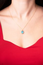 925 Ayar Gümüş Zincirli Okyanus Mavisi Pırlanta Taşlı Kadın Kolye - 2
