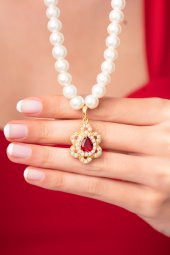 Kraliçe Kolyesi Kırmızı Ametist Taşlı Özel İnci Tasarımlı Kadın Kolye - 3