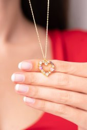 925 Ayar Renkli Kalp Tasarımlı Zirkon Taşlı Kadın Kolye - 2