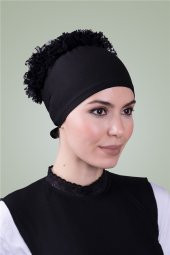 Siyah Arkadan Bağlamalı Tesettür Bone Viskon Kumaş Fırfır Bone 1006_01 - 2