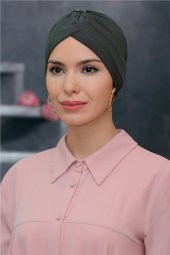 Haki Pratik Hazır Geçmeli Tesettür Bone Sandy Kumaş Taçlı Büzgülü 1208_09 - 1