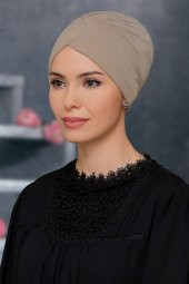 Bej Pratik Hazır Geçmeli Tesettür Bone Sandy Kumaş Taçlı Büzgülü 1208_12 - 1