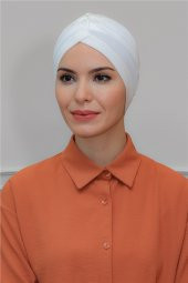 Beyaz Pratik Hazır Geçmeli Tesettür Bone Sandy Kumaş Taçlı Büzgülü 1208_42 - 2