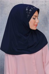 Lacivert Pratik Hazır Geçmeli Tesettür Eşarp Sandy Kumaş Elişi Çiçek İşlemeli Pullu 1604_02 - 1