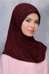 Bordo Pratik Hazır Geçmeli Tesettür Eşarp Sandy Kumaş Elişi Çiçek İşlemeli Pullu 1604_16 - 1