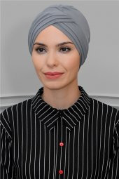Gri Pratik Hazır Geçmeli Tesettür Bone Sandy Kumaş Üç Çapraz 1803_15 - 1