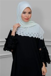 Krem Pratik Hazır Geçmeli Tesettür Eşarp Fukuro Piliseli Çiçek Desenli Lazer Kesim 1819_40 - 1
