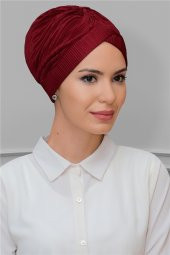 Bordo Pratik Hazır Geçmeli Tesettür Bone Fukuro Piliseli Tek Çapraz Büzgülü 1824_16 - 1