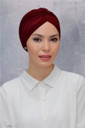 Bordo Pratik Hazır Geçmeli Tesettür Bone Fukuro Sandy Kumaş Büzgülü 1831_16 - 1