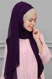 Mürdüm-Gold Arkadan Bağlamalı Şal Şifon Üç Bantlı Simli Pileli 1835_0702 - 1