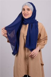 Saks Mavisi-Gümüş Arkadan Bağlamalı Şal Şifon Üç Bantlı Simli Pileli 1835_2401 - 2