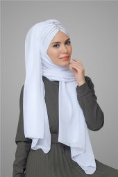 Beyaz Arkadan Bağlamalı Şal Şifon Pileli Taşlı Elişi İşlemeli 1840_42 - 1