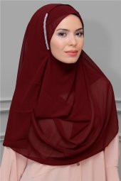 Bordo Pratik Hazır Geçmeli Malezya Şal Şifon Taşlı 1850_16 - 1