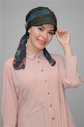 Haki Şapkalı Tesettür Bone Kesik Elyaf Desenli Şifon Kemerli 1902_09 - 1