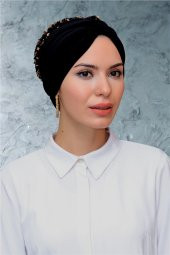 Siyah-Gold Pratik Hazır Geçmeli Tesettür Bone Sandy Kumaş Pullu Büzgülü 1906_102 - 1