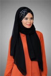 Siyah-Gümüş Arkadan Bağlamalı Şal Şifon Pullu Pileli 1914_101 - 1