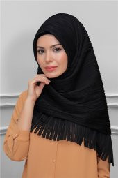 Siyah Arkadan Bağlamalı Tesettür Eşarp Kesik Elyaf Piliseli Saçaklı Lazer Kesim 1918_01 - 1
