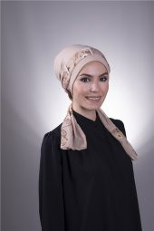Bej Pratik Hazır Geçmeli Tesettür Bone Sandy Kumaş Desenli Şifon Kemerli 1205D_12 - 1