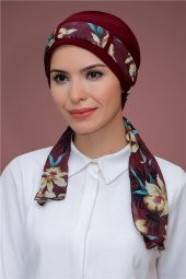 Bordo Pratik Hazır Geçmeli Tesettür Bone Sandy Kumaş Desenli Şifon Kemerli 1205D_16 - 1