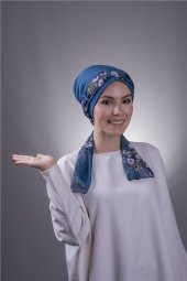 P. Mavisi Pratik Hazır Geçmeli Tesettür Bone Sandy Kumaş Desenli Şifon Kemerli 1205D_17 - 1