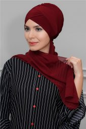 Bordo Pratik Hazır Geçmeli Tesettür Bone Sandy Kumaş Çapraz Büzgülü Şifon Atkılı 1801A_16 - 1